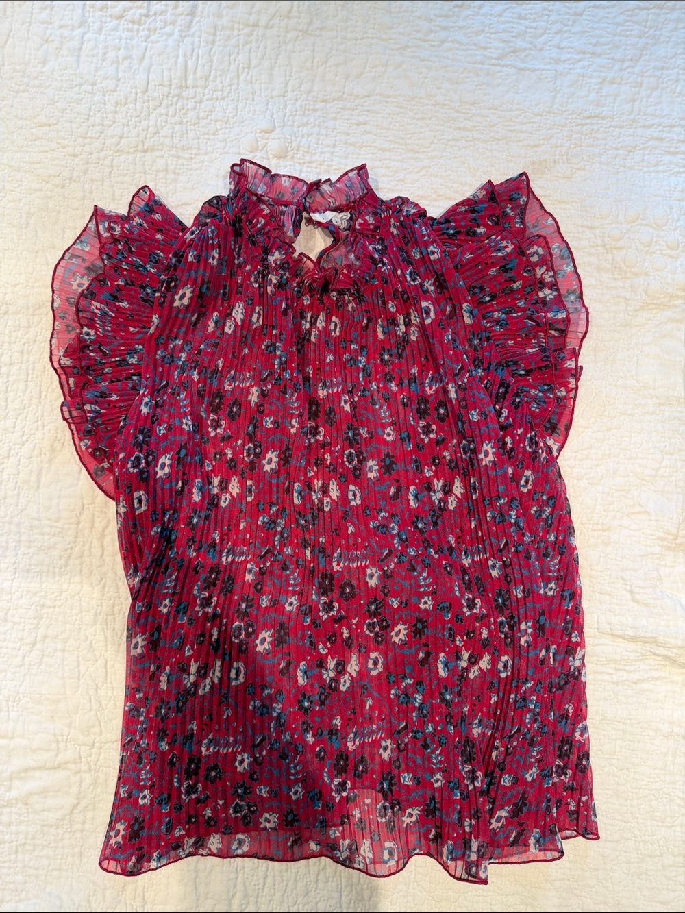 Anthropologie Pink Floral Ruffle Pleated Blouse